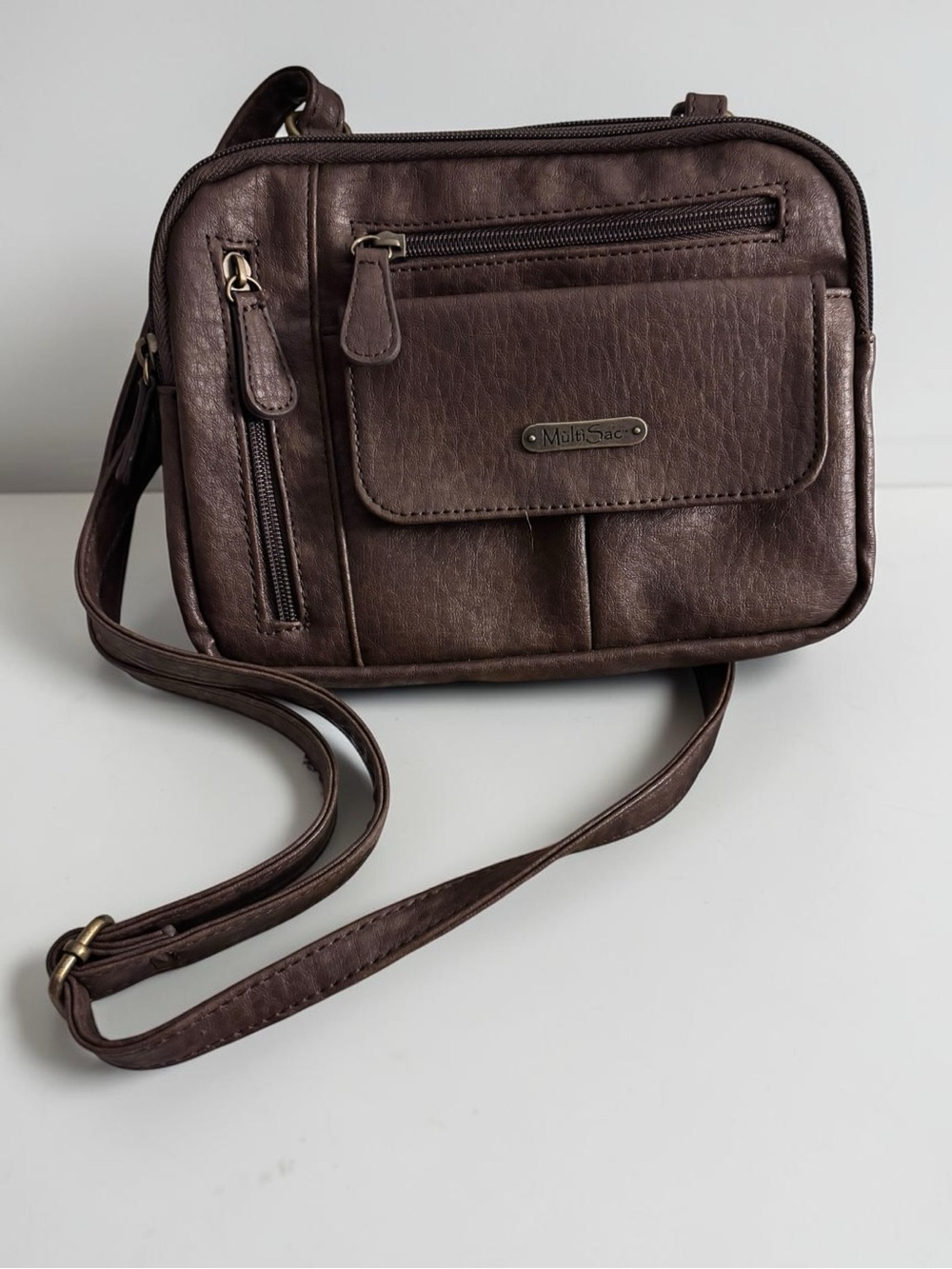 MultiSac Zippy Crossbody Bag Brown Vegan Leather Organizer Travel Purse